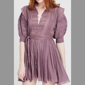 Free People Sydney Lace Pin Tucked Dress in Plum Purple Size Large NWT